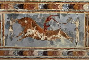 CiviltÃ  cretese-micenea. Acrobati su tori, pittura murale da Cnosso (Museo di IrÃ¡klion).De Agostini Picture Library / G. Dagli Orti